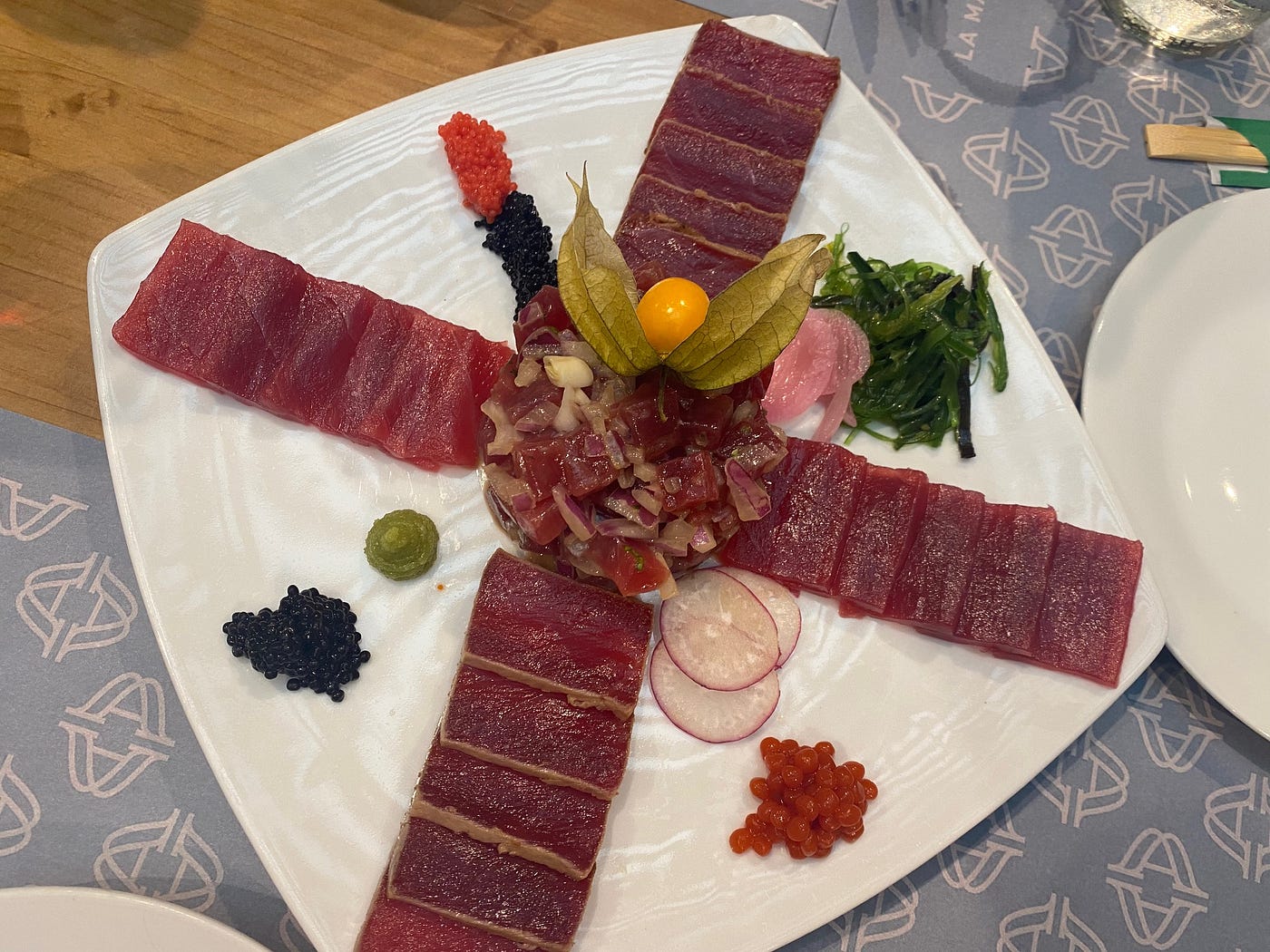 An elaborate plate of ‘tuna five ways’